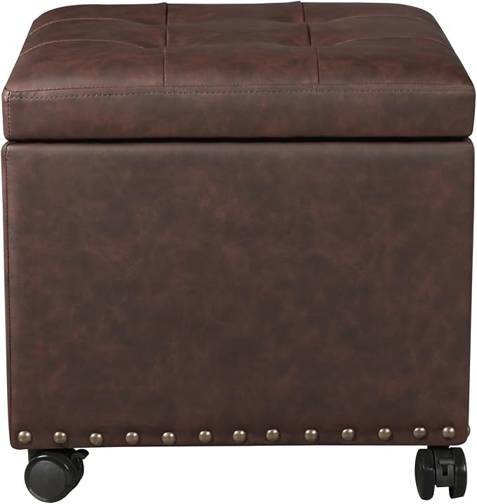 Brown Leather Storage Ottoman With Wheels