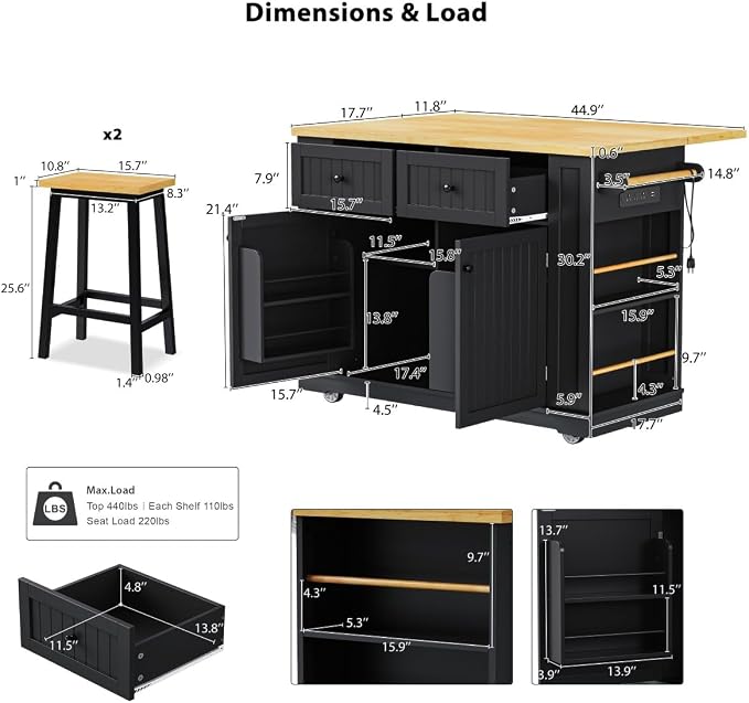 Island Set With 2 Bar Stools - Black (Three Packages)