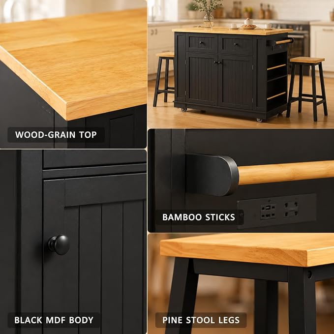 Island Set With 2 Bar Stools - Black (Three Packages)
