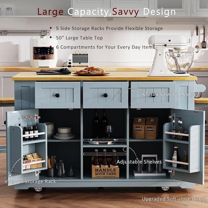 Island Set With 2 Bar Stools - Grey Blue (Three Packages)