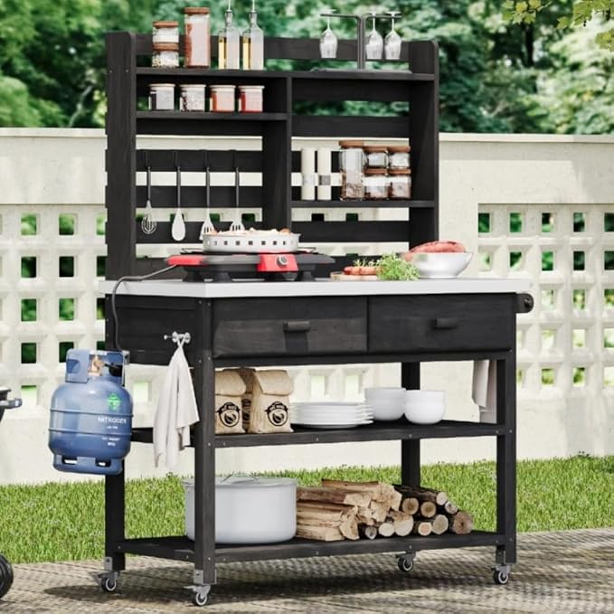 Black + Solid Fir Wood + Stainless Steel Table