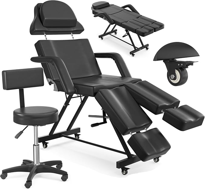 Black Tattoo Chair W/Stool With Backrest