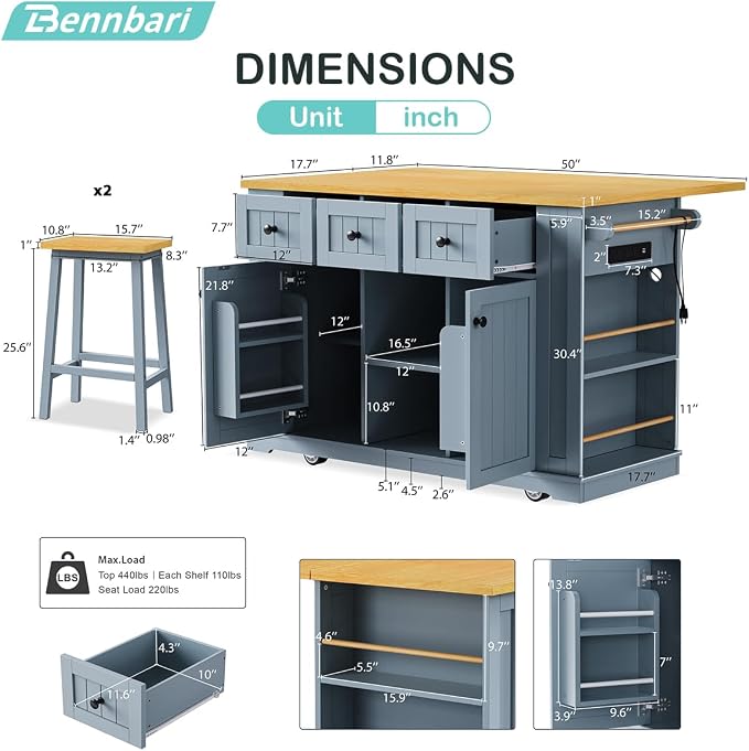 With 2 Bar Stools: Grey Blue