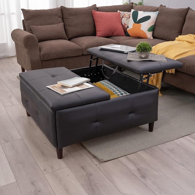 Black - Square Storage Ottoman Table