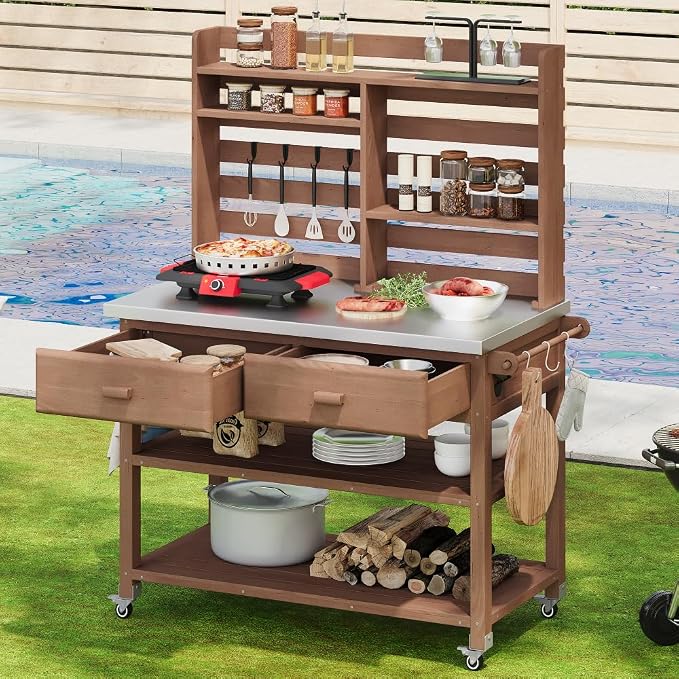 Brown + Solid Fir Wood + Stainless Steel Table