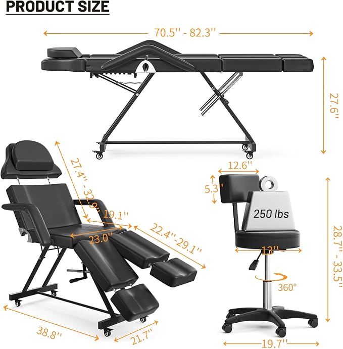 Black Tattoo Chair W/Stool With Backrest