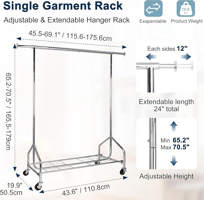 44 x 20 x 71 inch - Chrome - Single Rod