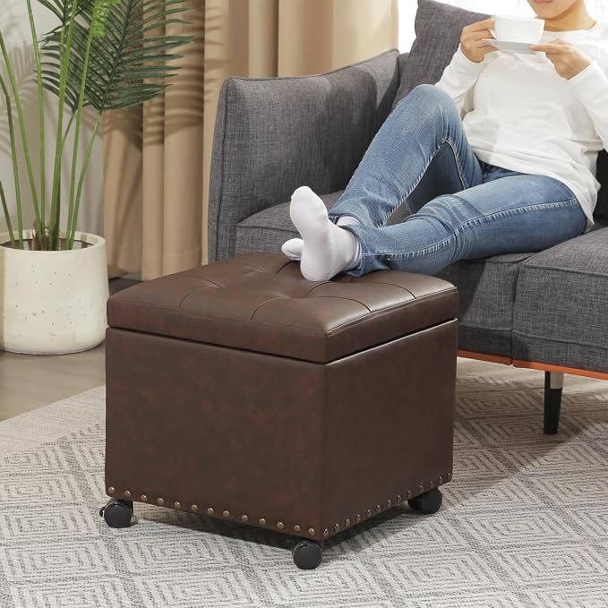 Brown Leather Storage Ottoman With Wheels