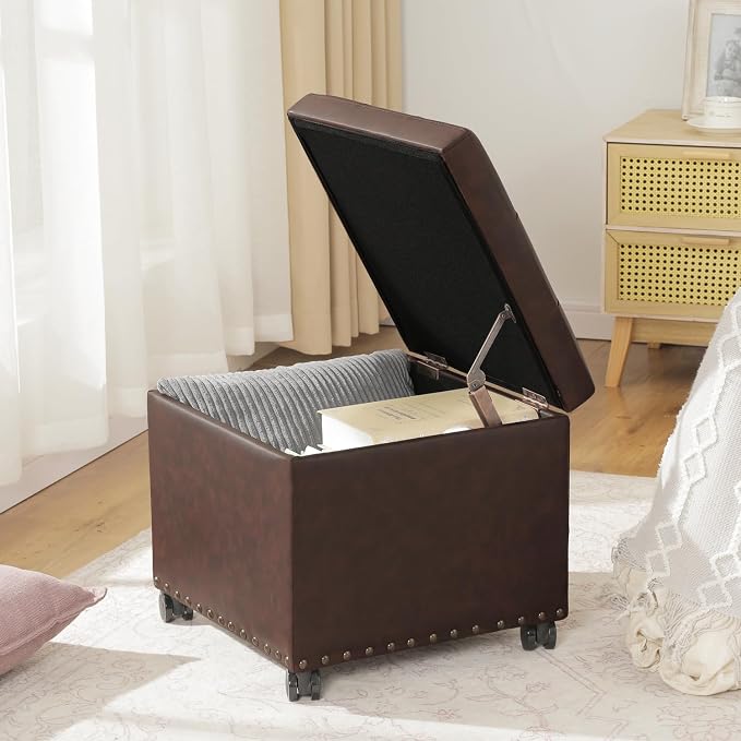 Brown Leather Storage Ottoman With Wheels