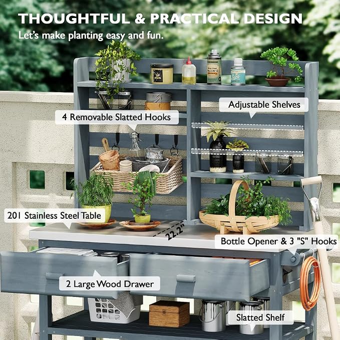 Grey+blue + Solid Fir Wood + Stainless Steel Table