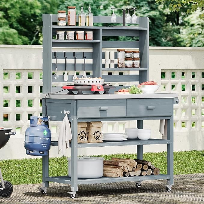 Grey+blue + Solid Fir Wood + Stainless Steel Table