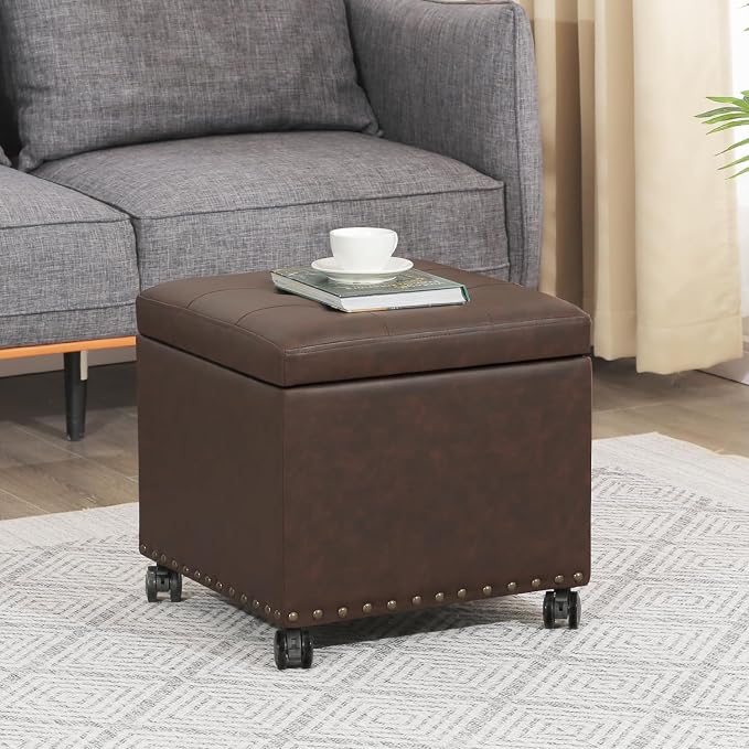 Brown Leather Storage Ottoman With Wheels