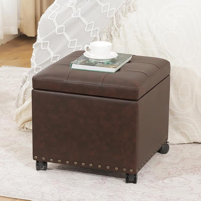 Brown Leather Storage Ottoman With Wheels