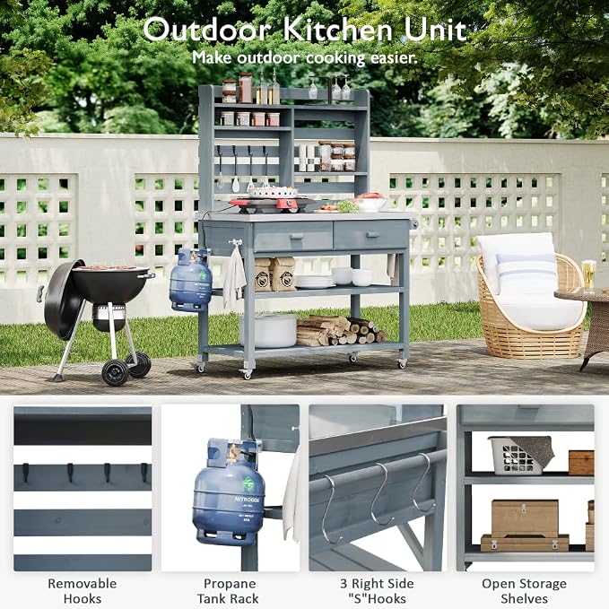 Grey+blue + Solid Fir Wood + Stainless Steel Table