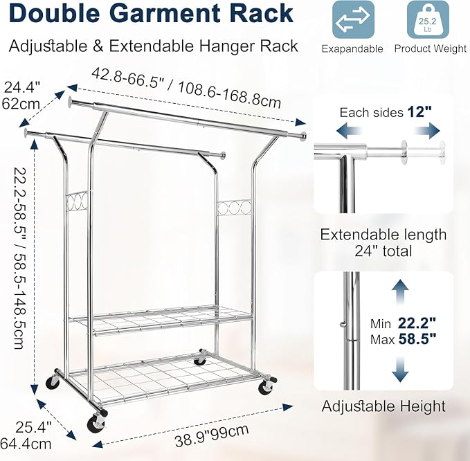44 x 20 x 71 inch - Chrome - Double Rod