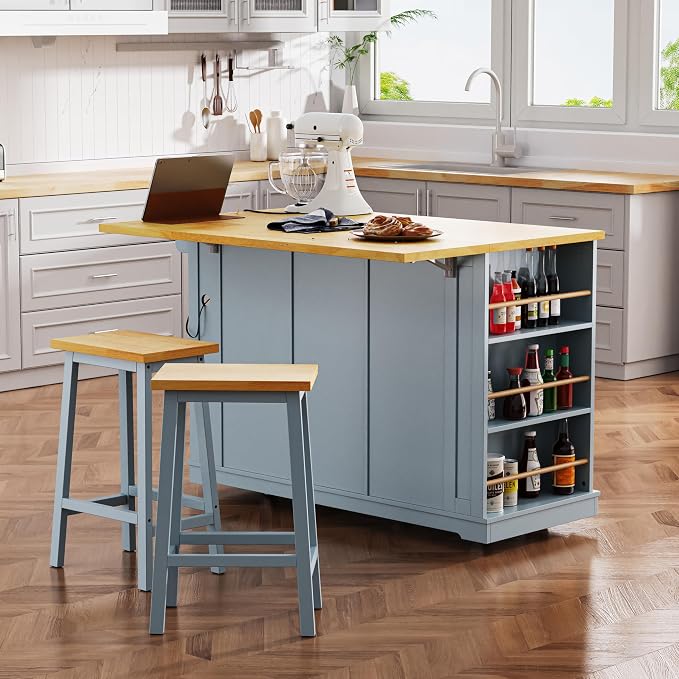Island Set With 2 Bar Stools - Grey Blue
