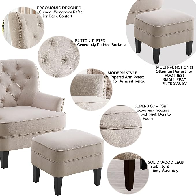 Velvet Light Beige With Ottoman