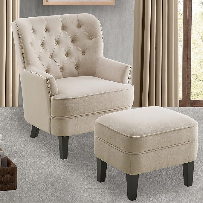 Velvet Light Beige With Ottoman